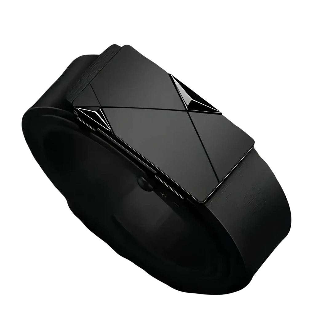 Men’s black leather automatic buckle belt with sleek matte black geometric metal buckle front view