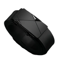 Men’s black leather automatic buckle belt with sleek matte black geometric metal buckle front view