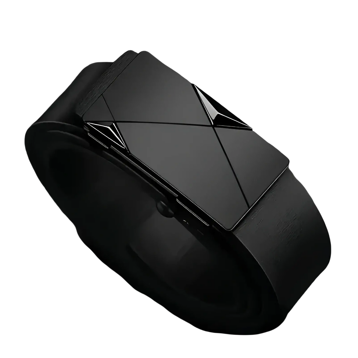 Men’s black leather automatic buckle belt with sleek matte black geometric metal buckle front view