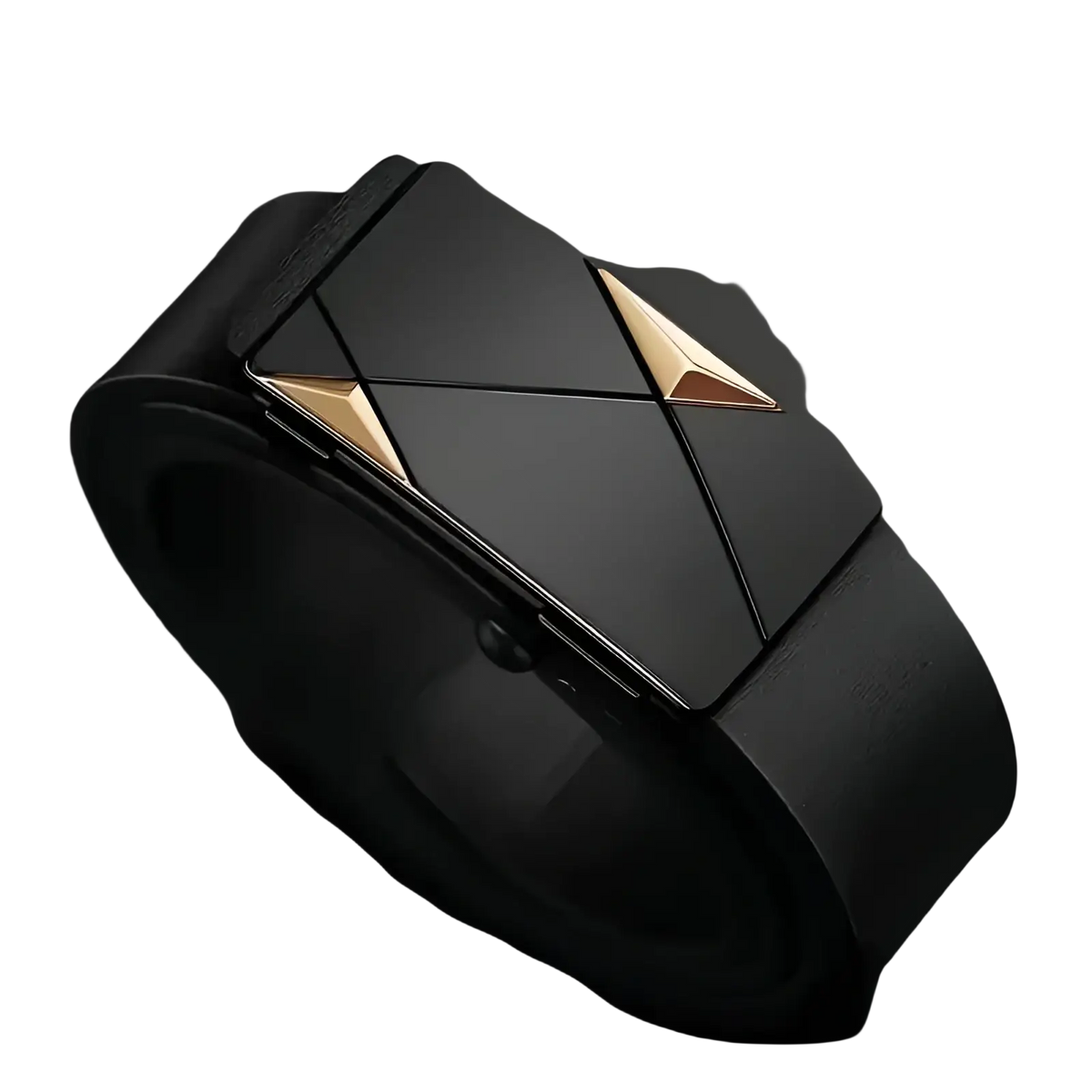 Men’s black leather automatic buckle belt with a sleek geometric buckle featuring gold-toned triangular accents