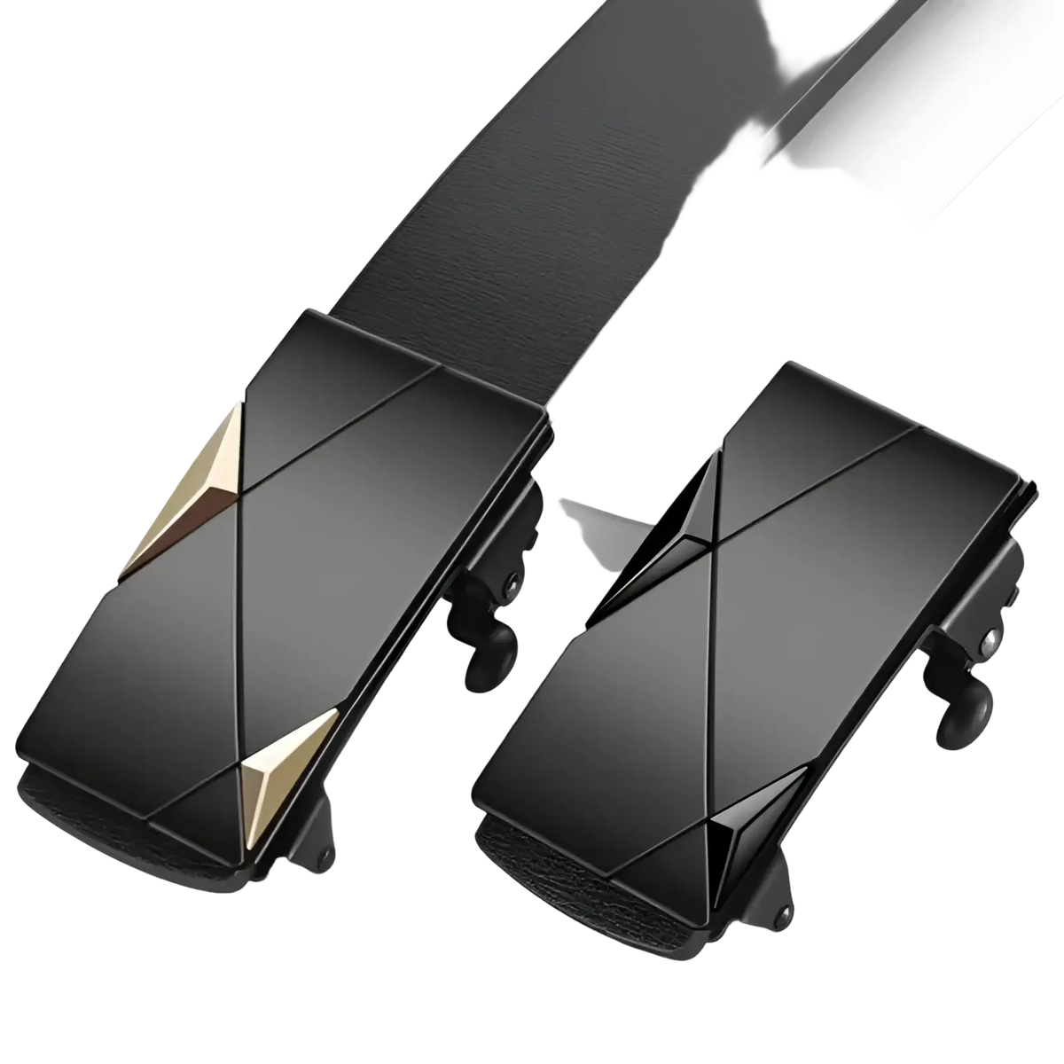 Men’s black leather automatic buckle belt with sleek geometric gold-tone triangular accent buckle