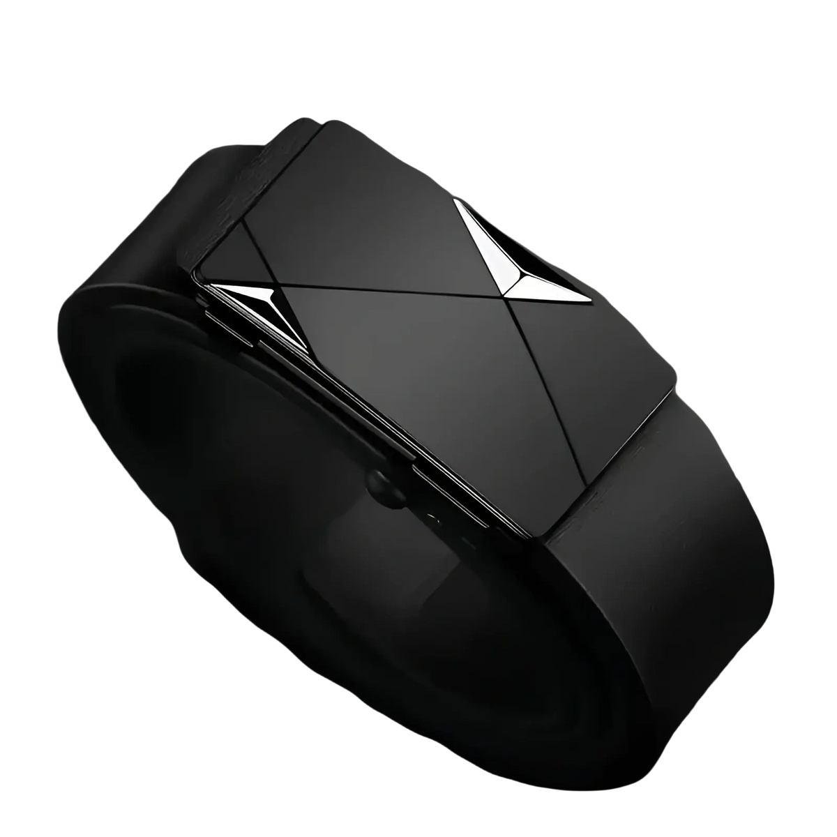 Men’s black leather automatic buckle belt with a sleek silver triangular geometric metal buckle