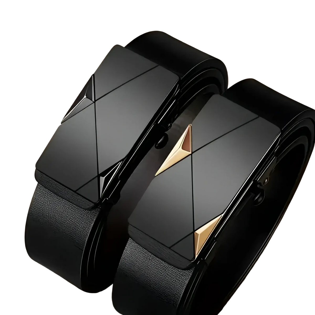 Men’s black leather automatic buckle belt with a sleek geometrically designed gold triangular accent buckle