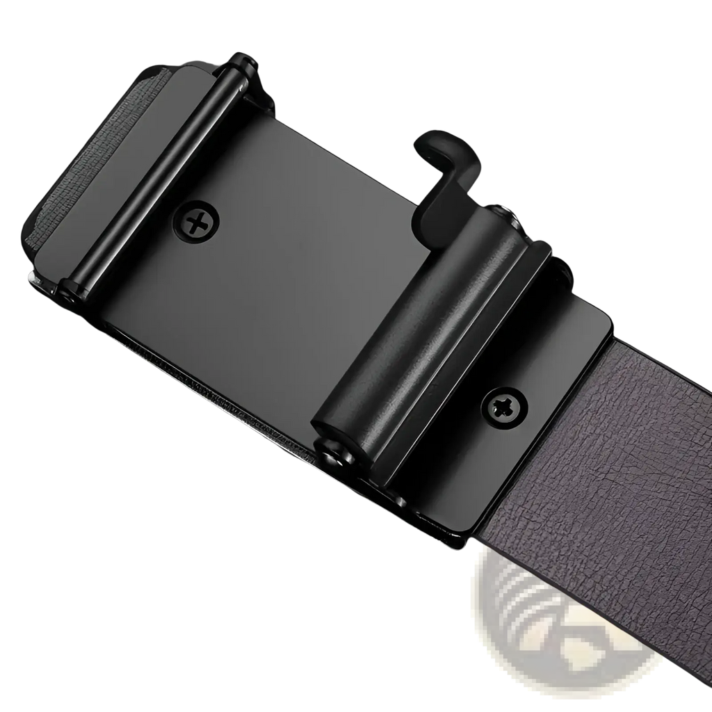 Men’s leather automatic buckle belt in black with a black matte-finish automatic buckle and textured leather strap