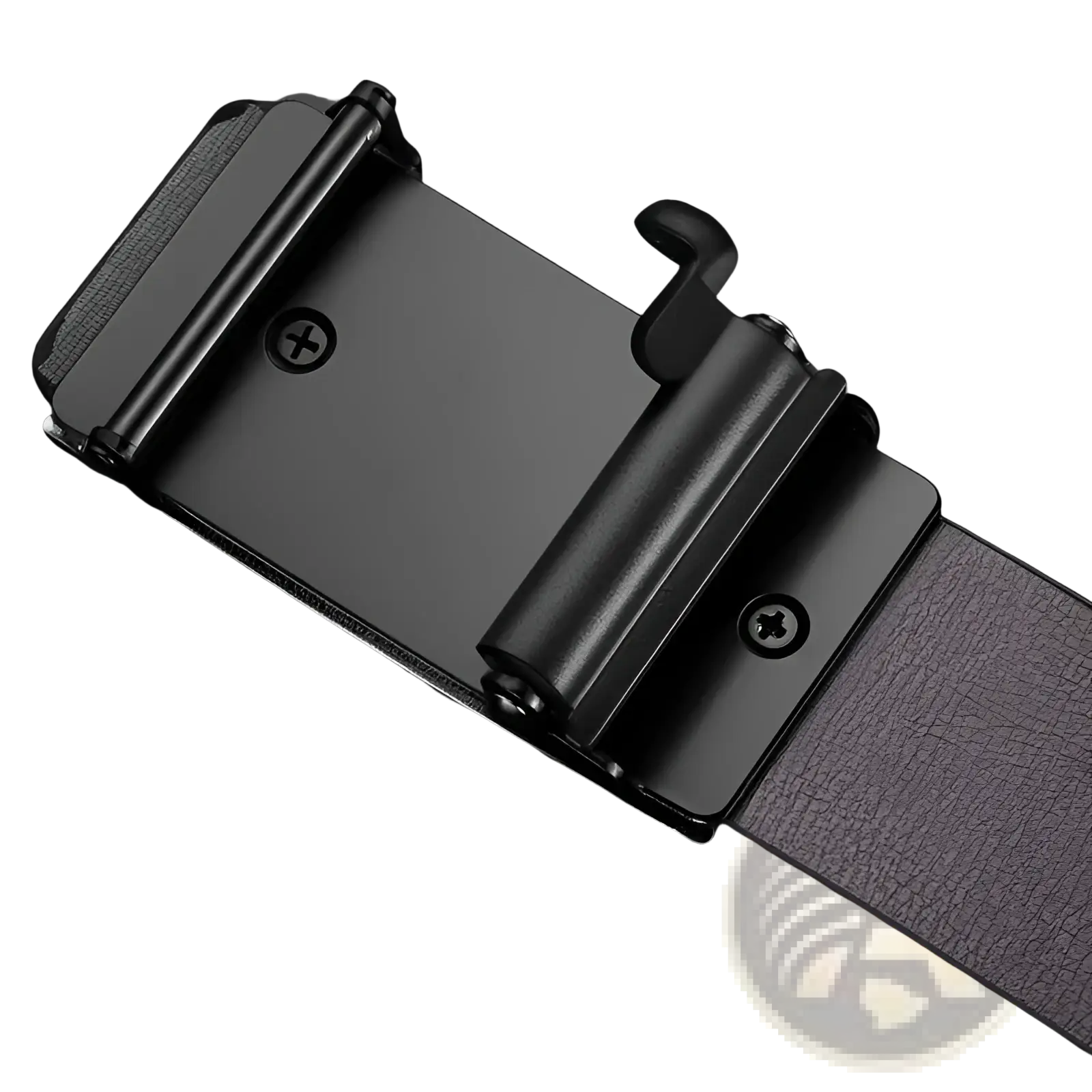 Men’s leather automatic buckle belt in black with a black matte-finish automatic buckle and textured leather strap