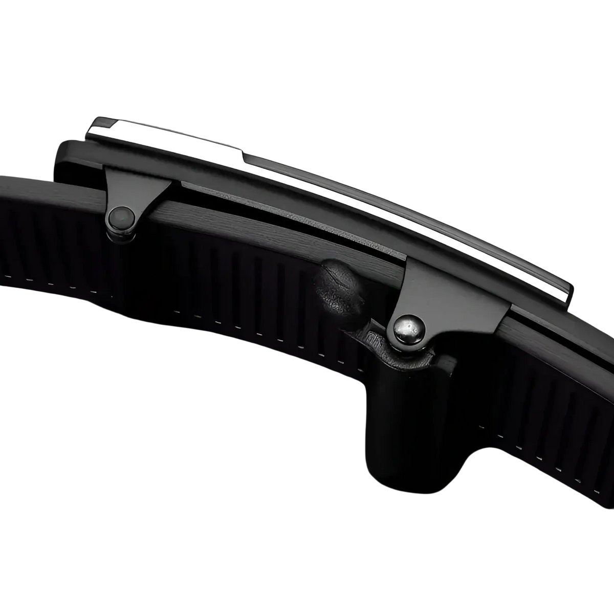 Men’s leather automatic buckle belt in black with a textured ridged strap and a sleek metallic silver buckle