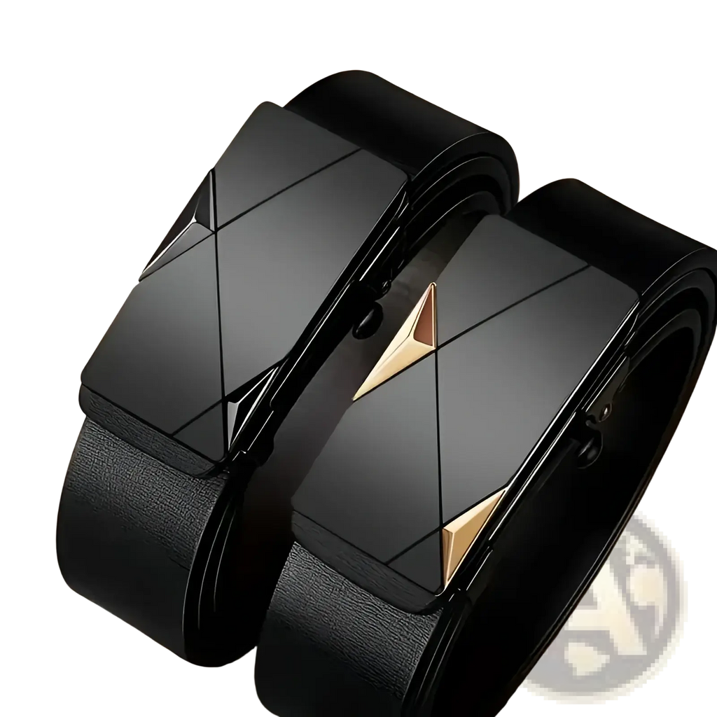 Men’s black leather automatic buckle belt with a sleek geometrically designed gold triangular accent buckle