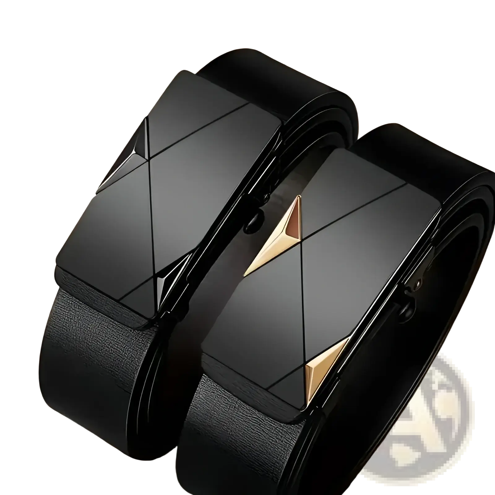 Men’s black leather automatic buckle belt with a sleek geometrically designed gold triangular accent buckle