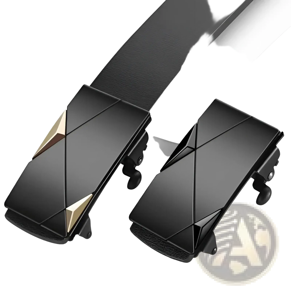 Men’s black leather automatic buckle belt with sleek geometric gold-tone triangular accent buckle