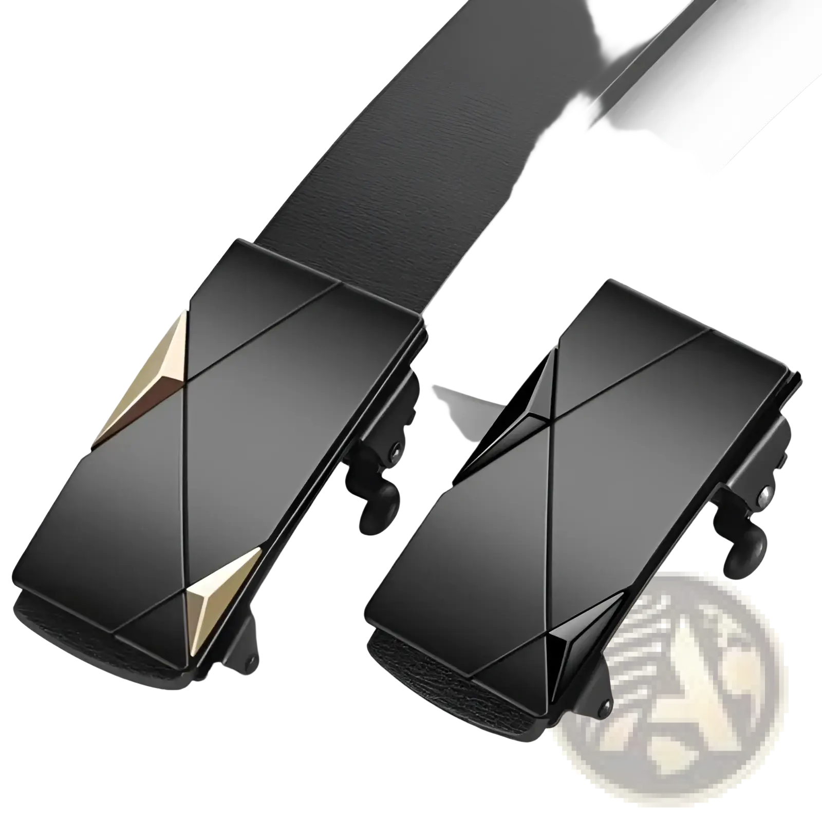 Men’s black leather automatic buckle belt with sleek geometric gold-tone triangular accent buckle
