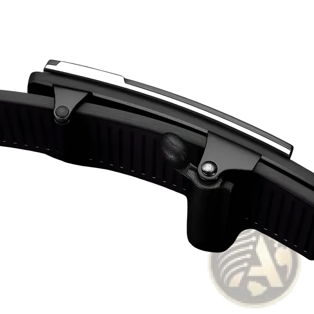 Men’s leather automatic buckle belt in black with a textured ridged strap and a sleek metallic silver buckle