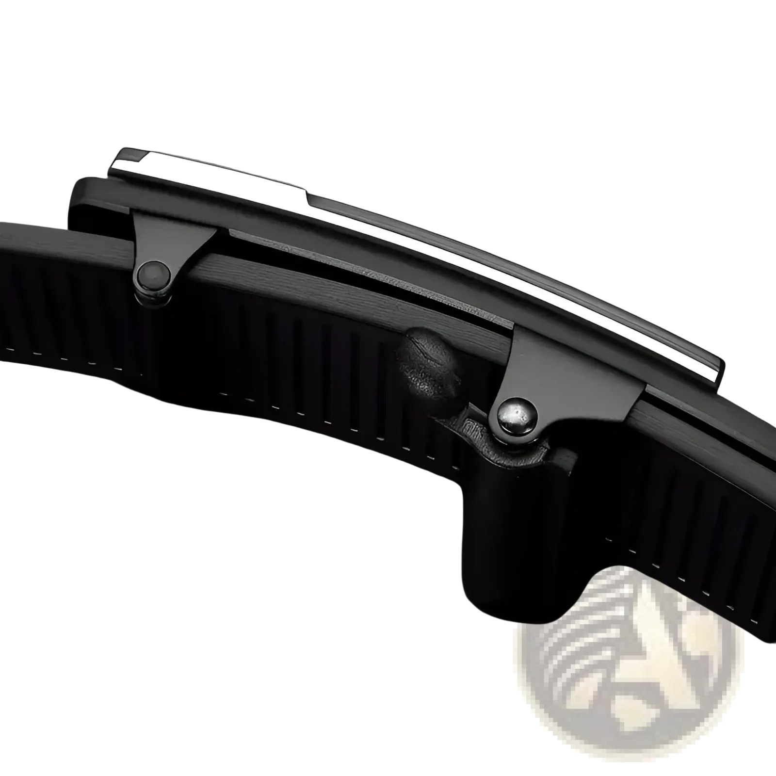 Men’s leather automatic buckle belt in black with a textured ridged strap and a sleek metallic silver buckle