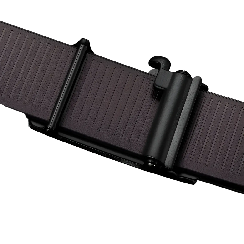 Men’s leather automatic buckle belt in black featuring a textured strap and sleek matte finish metal buckle