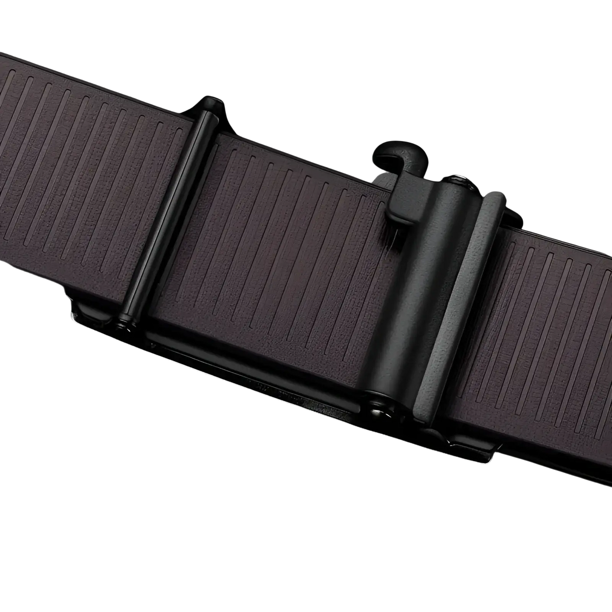 Men’s leather automatic buckle belt in black featuring a textured strap and sleek matte finish metal buckle