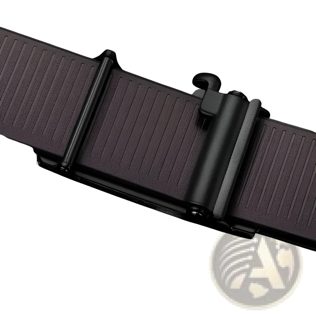 Men’s leather automatic buckle belt in black featuring a textured strap and sleek matte finish metal buckle