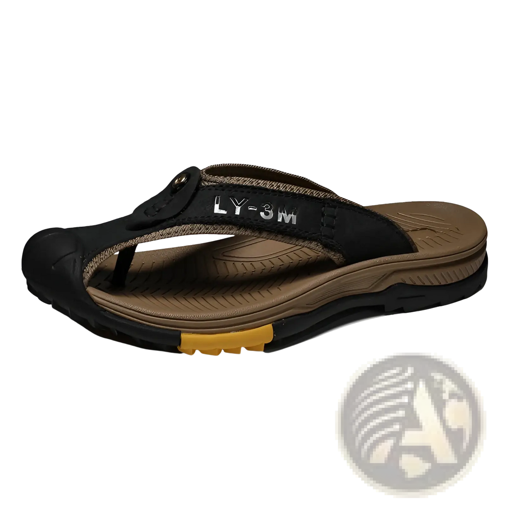Men’s leather beach sandals outdoor sport flip flops in black and brown with textured rubber sole and yellow heel accent
