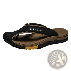 Men’s leather beach sandals outdoor sport flip flops in black and brown with textured rubber sole and yellow heel accent