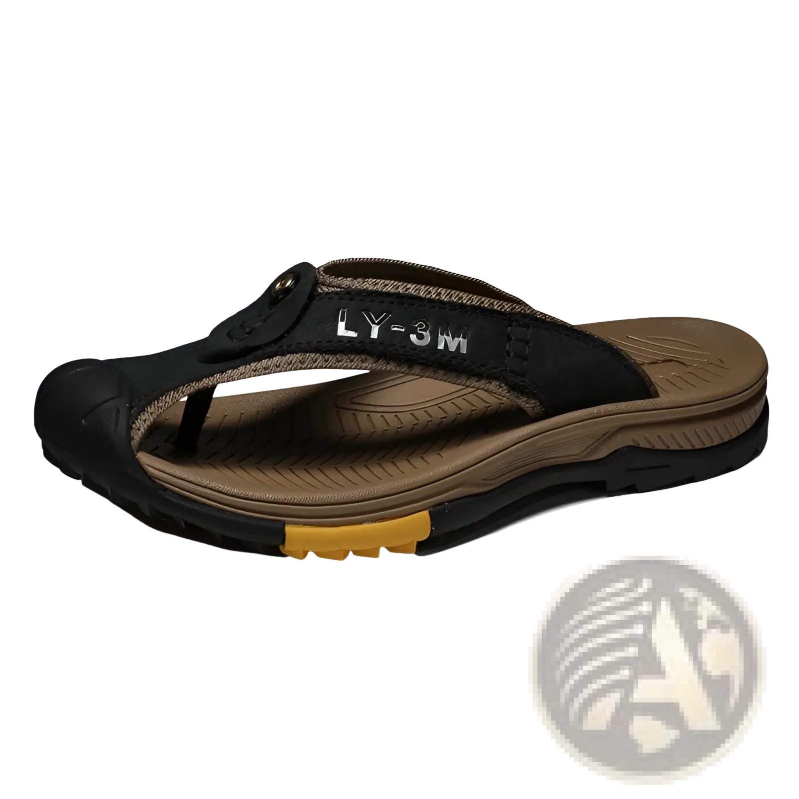 Men’s leather beach sandals outdoor sport flip flops in black and brown with textured rubber sole and yellow heel accent