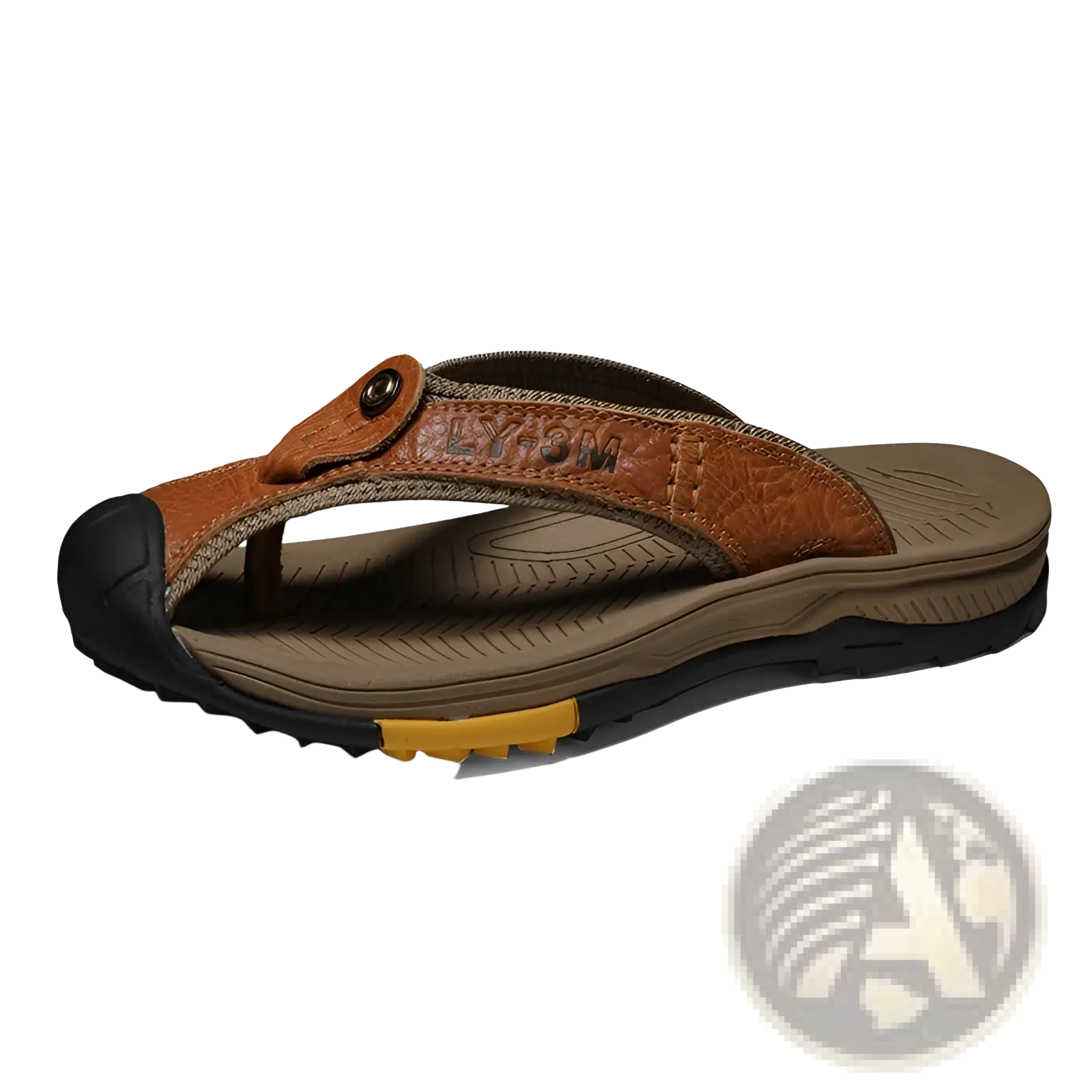 Men’s brown leather beach sandals with textured strap, black rubber sole, and yellow heel accent for outdoor sport