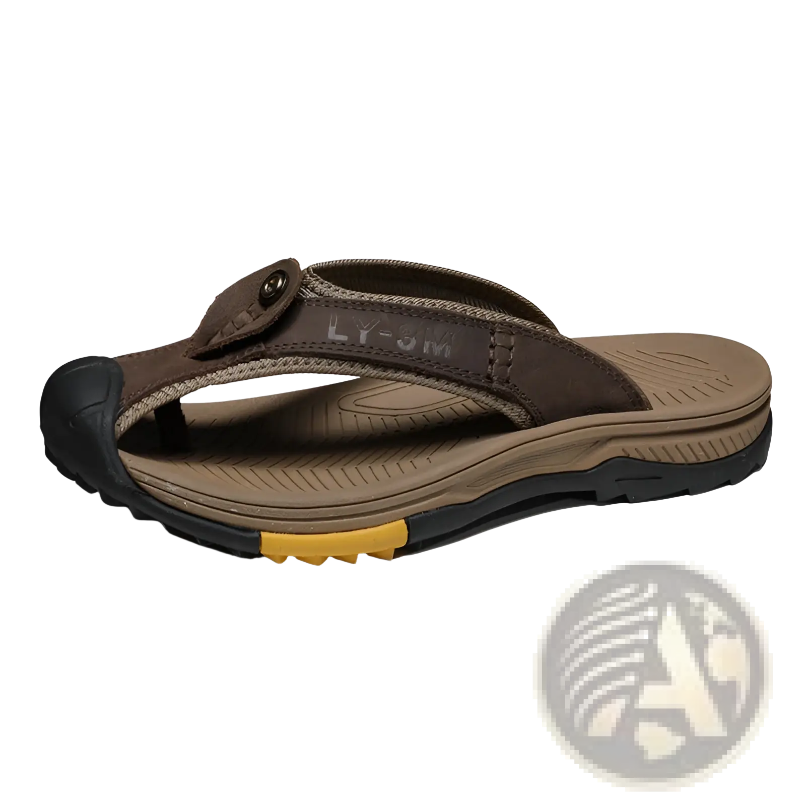 Men’s leather beach sandals outdoor sport flip flops in brown leather with black rubber sole and yellow heel accent