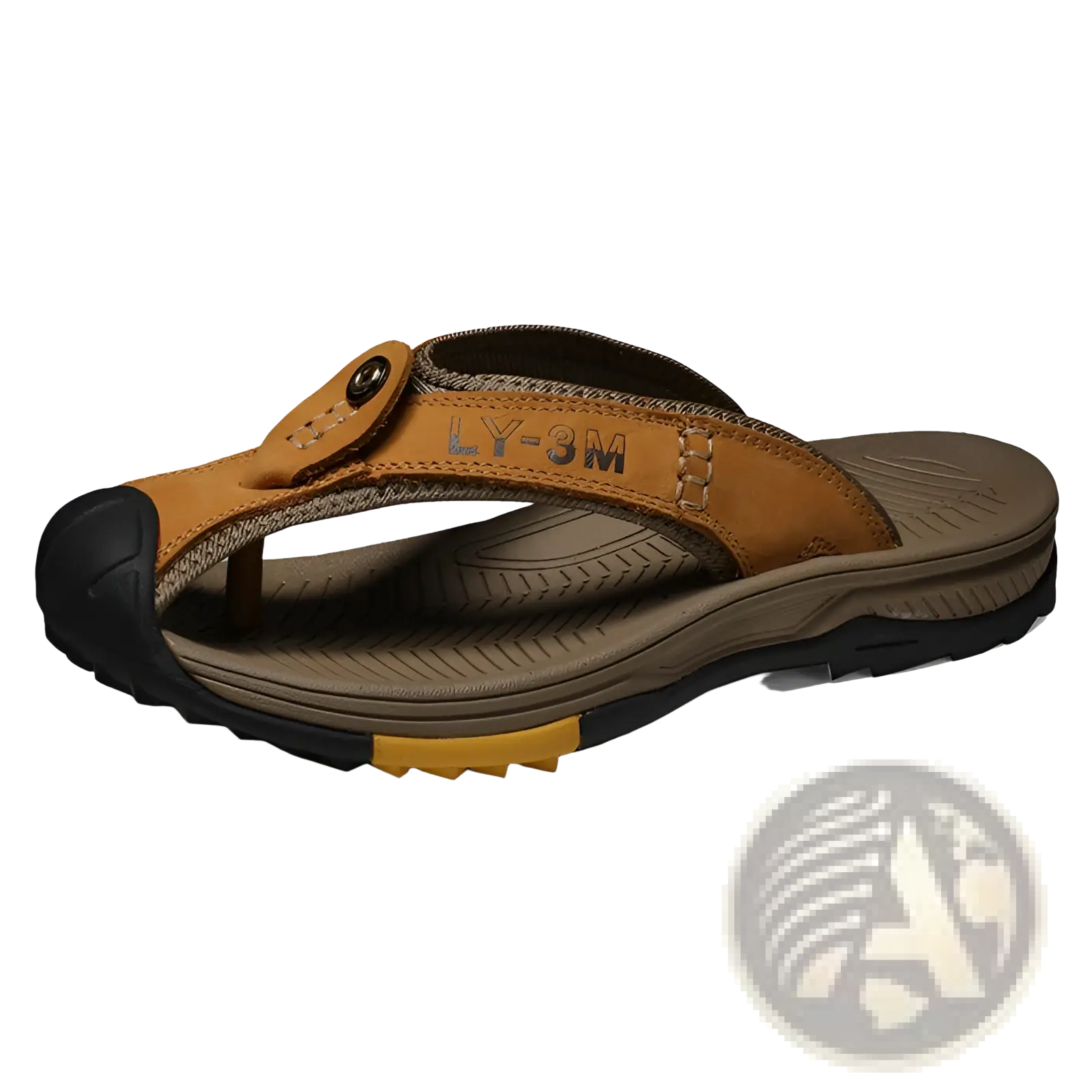 Men’s leather beach sandals outdoor sport flip flops in tan with black rubber sole and stitched ly-3m branded strap