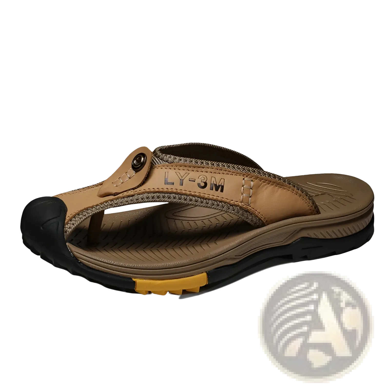 Men’s leather beach sandals outdoor sport flip flops featuring tan leather straps, black rubber sole, and yellow accent stripe