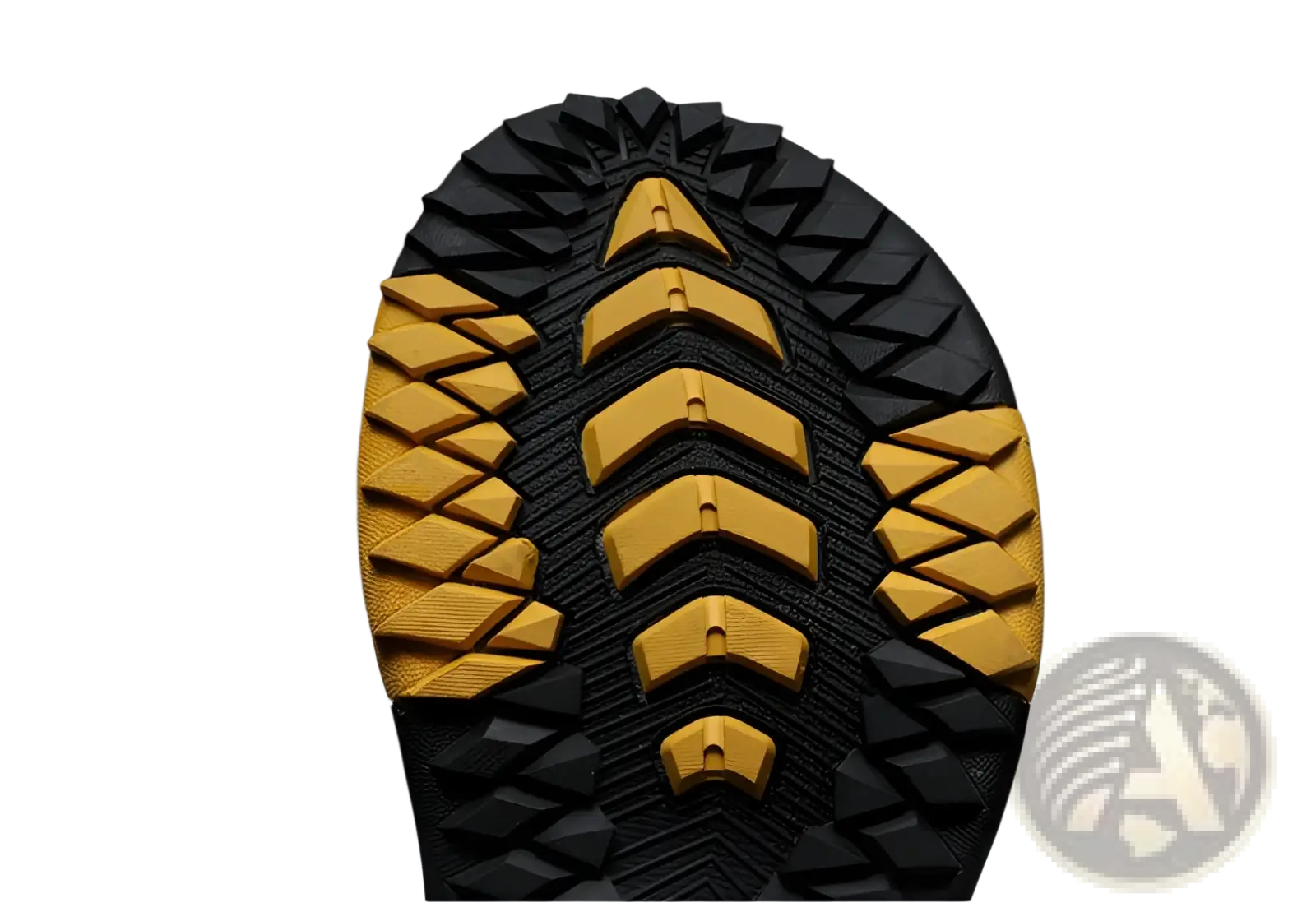 Back side of men’s leather beach sandals outdoor sport flip flops with black and yellow rugged rubber sole tread pattern