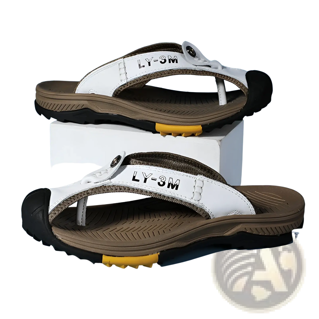 Men’s leather beach sandals outdoor sport flip flops in white and brown with black toe caps and yellow rubber heel grips