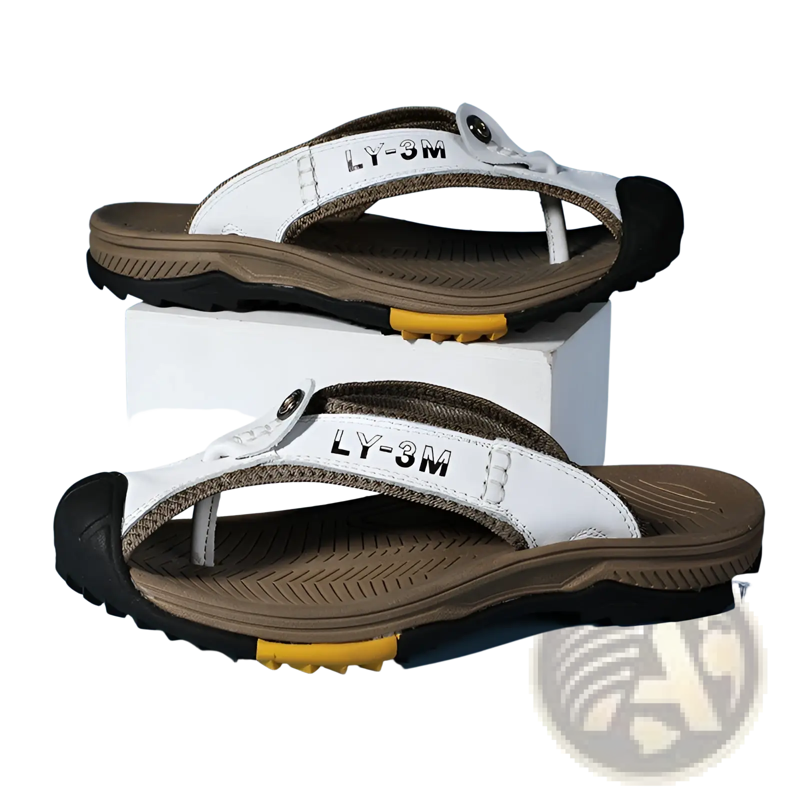 Men’s leather beach sandals outdoor sport flip flops in white and brown with black toe caps and yellow rubber heel grips