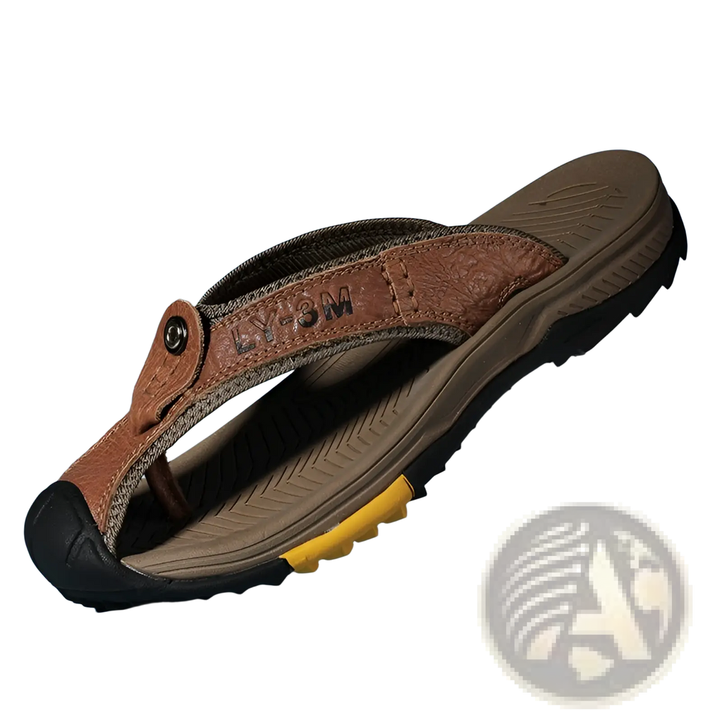 Men’s brown leather beach sandals with rugged sole and yellow heel accent designed for outdoor sport use