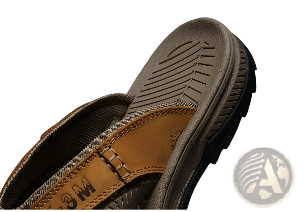 Men’s tan leather beach sandals with sturdy rubber sole and visible stitching for outdoor sport use