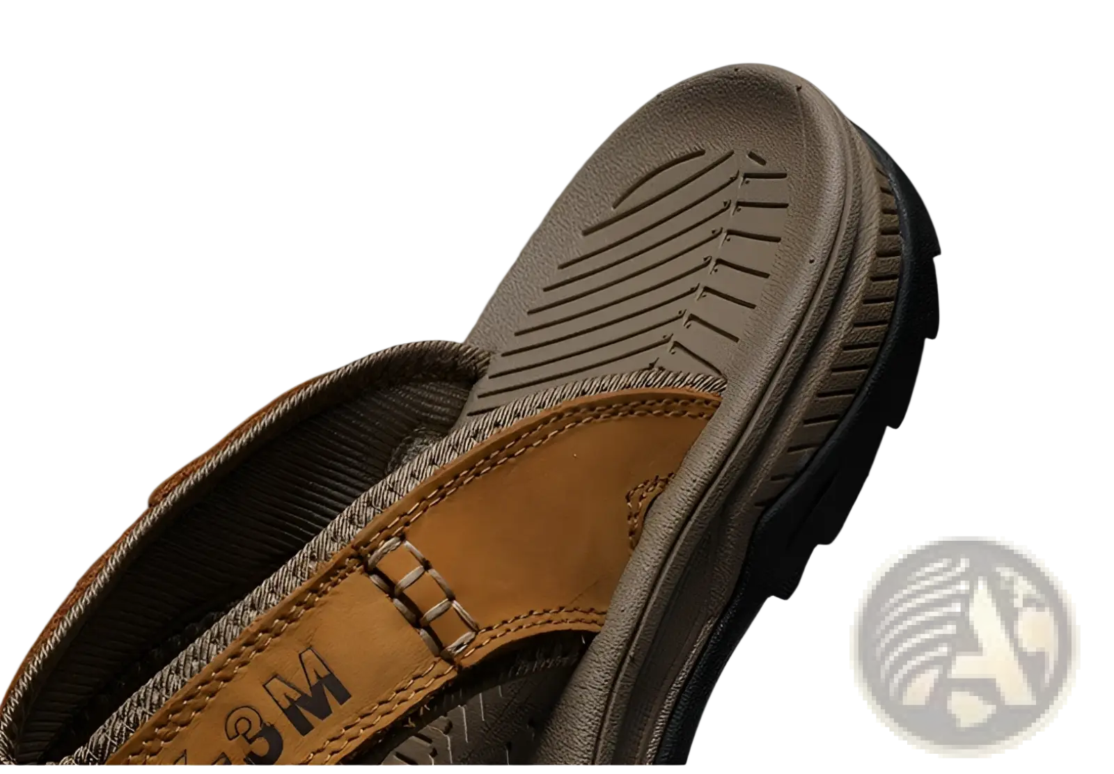 Men’s tan leather beach sandals with sturdy rubber sole and visible stitching for outdoor sport use