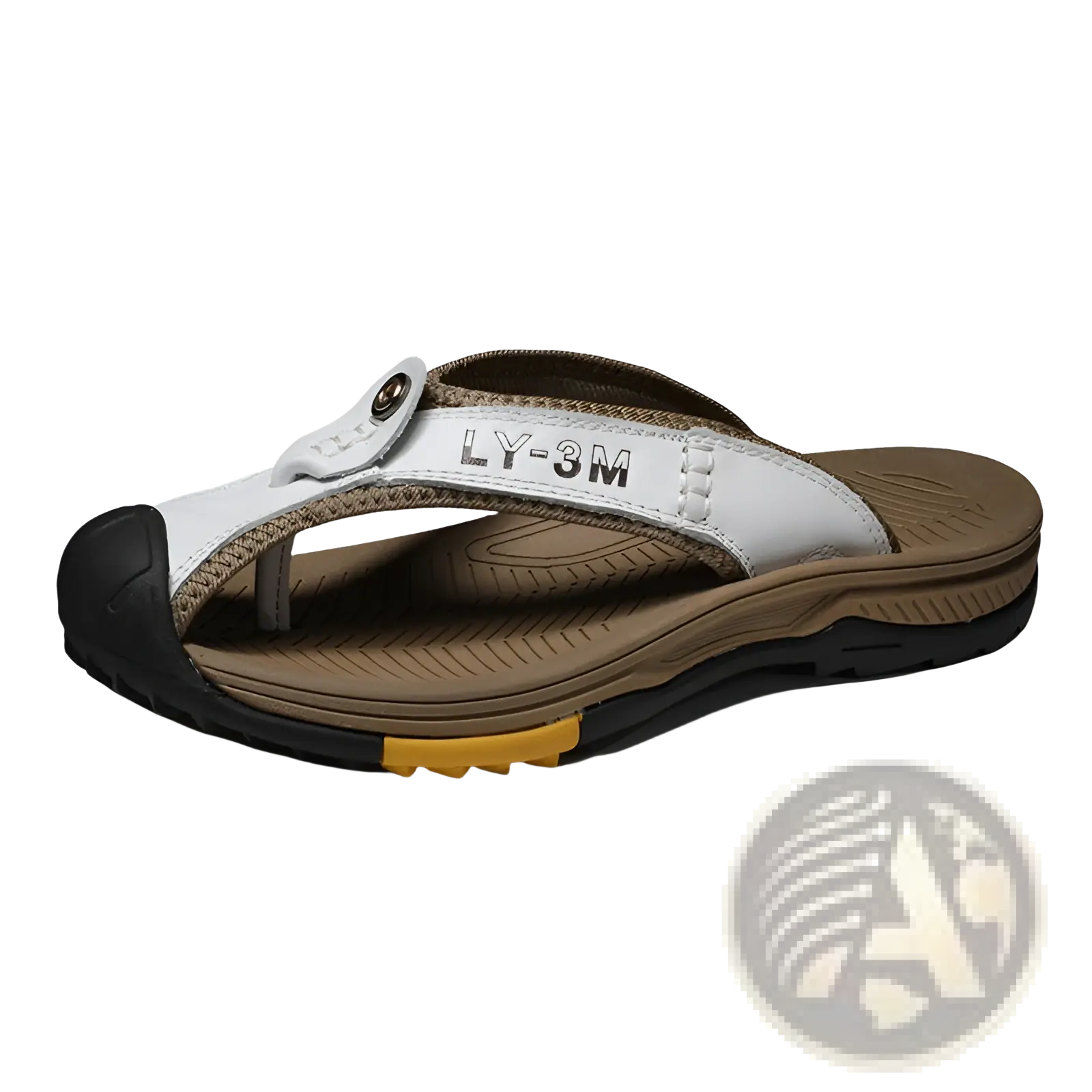 Men’s leather beach sandals outdoor sport flip flops in white and brown with black toe cap yellow sole and ly-3m branding