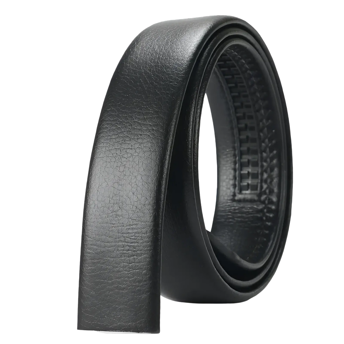 Men’s black leather belt with textured surface and visible stitching featuring an automatic buckle 3.5cm wide