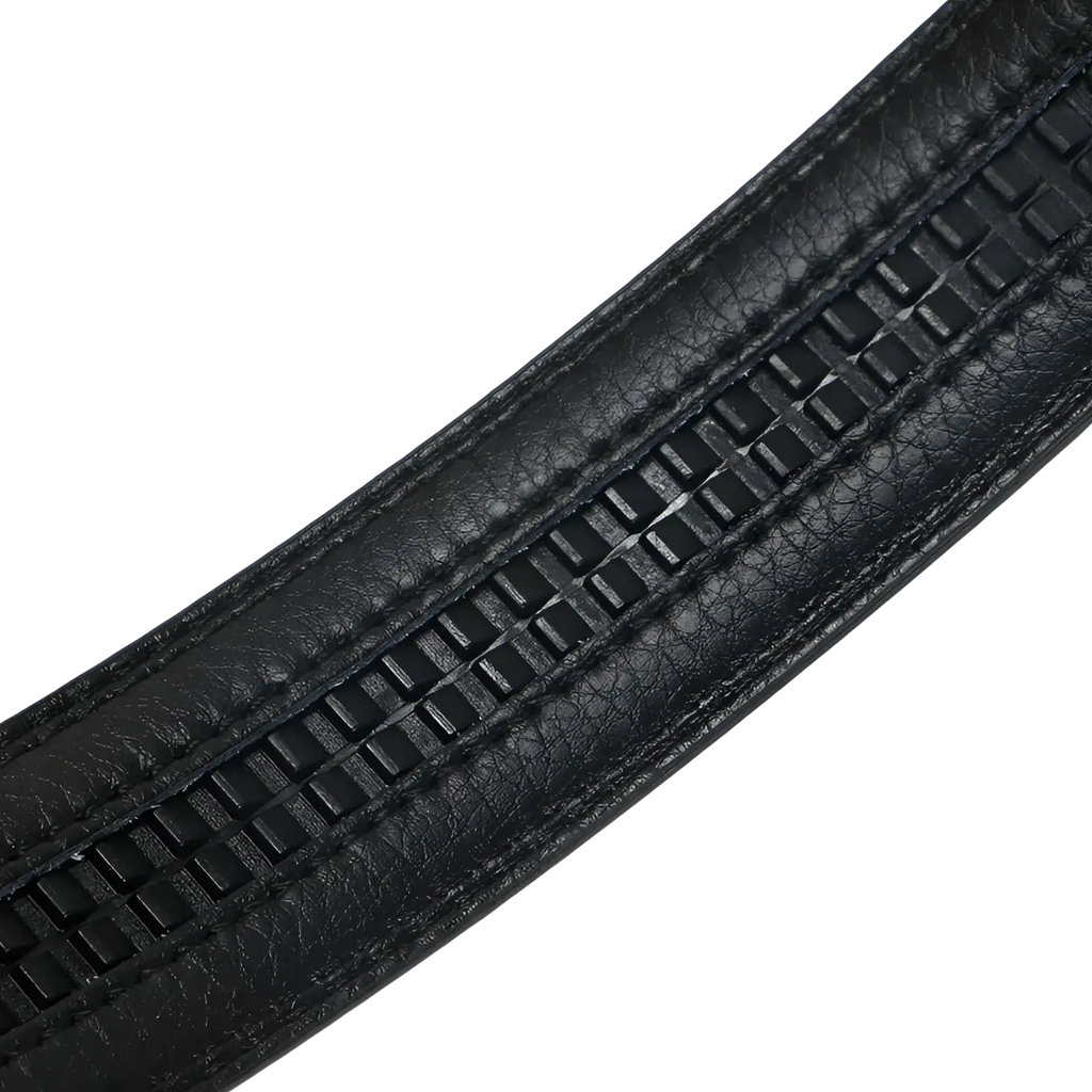 Men’s black leather belt with automatic buckle featuring a textured woven pattern down the center 3.5cm wide