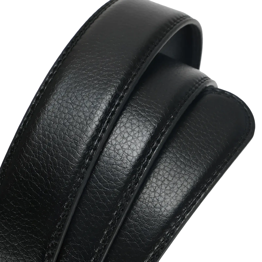 Men’s black leather belt automatic buckle with textured surface and precise stitching along the edges 3.5cm width