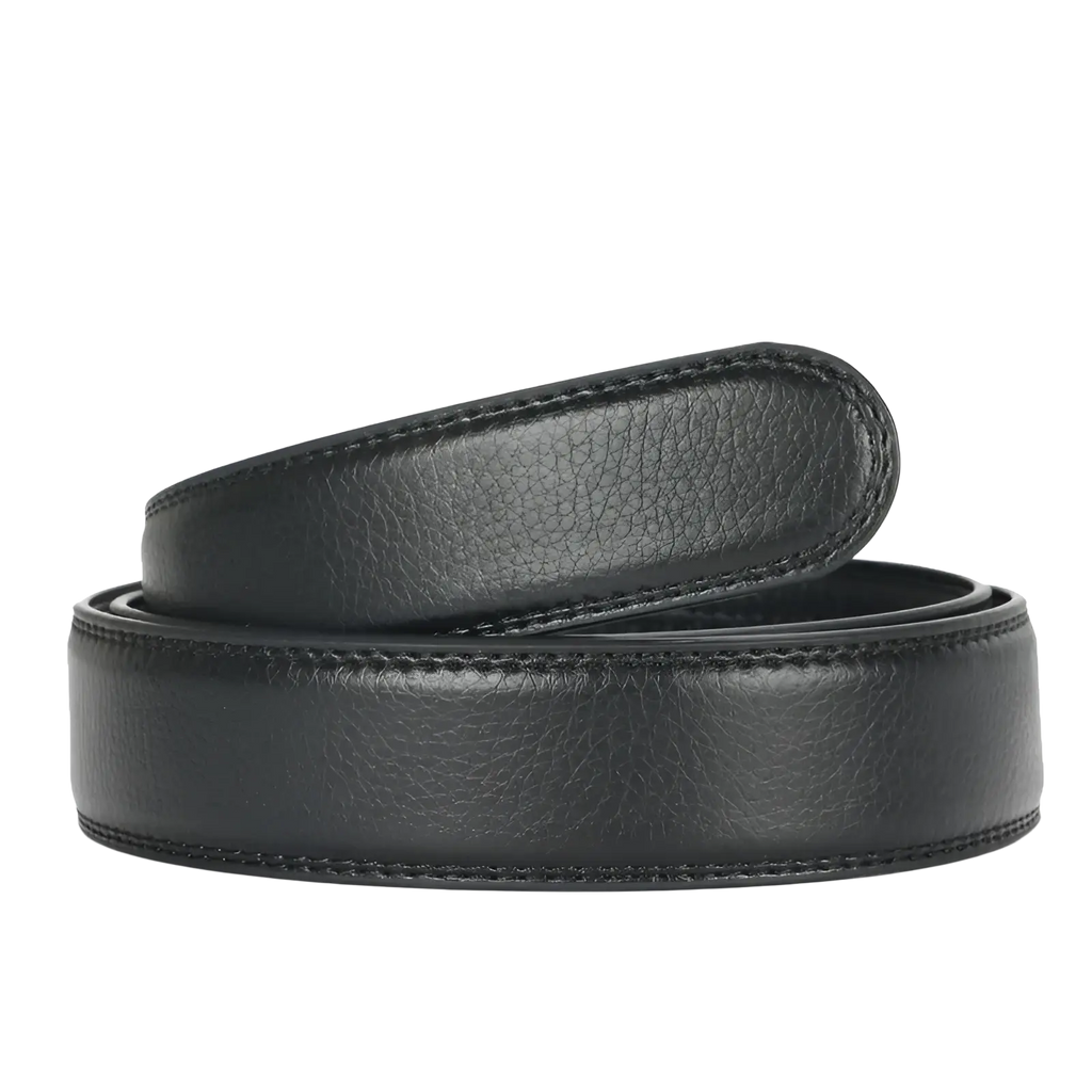 Men’s black leather belt with smooth texture and precise stitching featuring an automatic buckle, 3.5cm wide