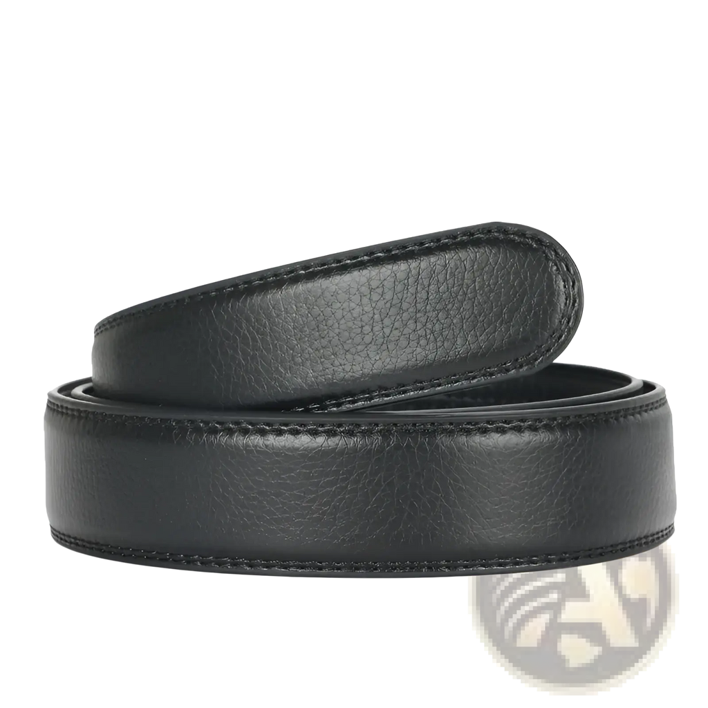 Men’s black leather belt with smooth texture and precise stitching featuring an automatic buckle, 3.5cm wide