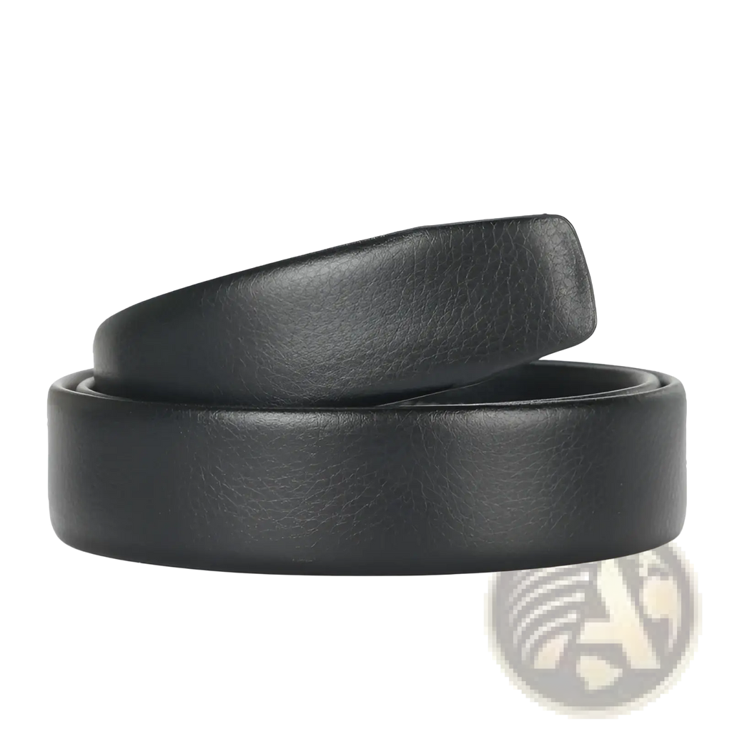 Black leather men’s belt with smooth textured surface rounded edges and automatic buckle 3.5cm width
