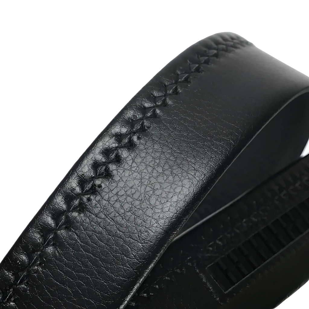 Men’s black leather belt automatic buckle 3.5cm with textured surface and decorative cross-stitch along the edge