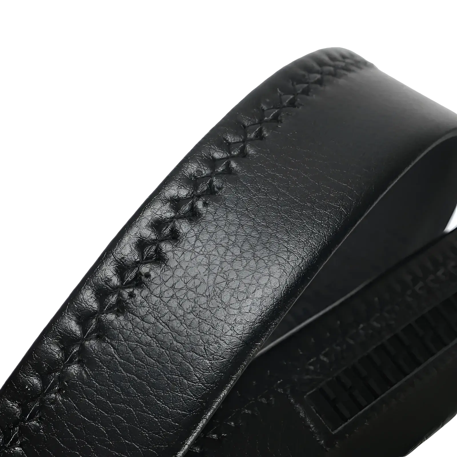 Men’s black leather belt automatic buckle 3.5cm with textured surface and decorative cross-stitch along the edge