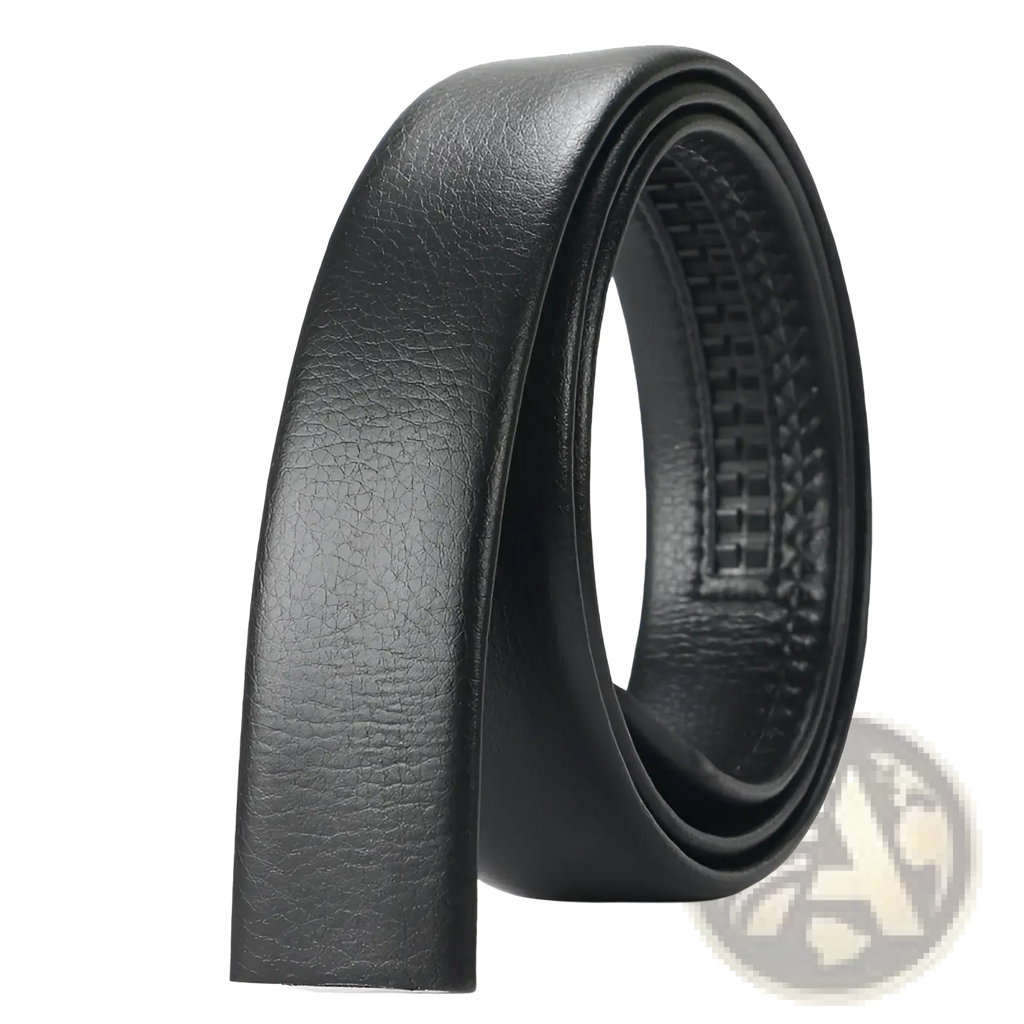 Men’s black leather belt with textured surface and visible stitching featuring an automatic buckle 3.5cm wide