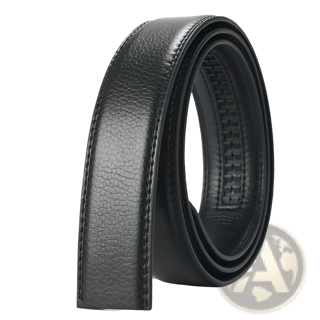 Black leather men’s belt with automatic buckle 3.5cm featuring textured surface and visible edge stitching