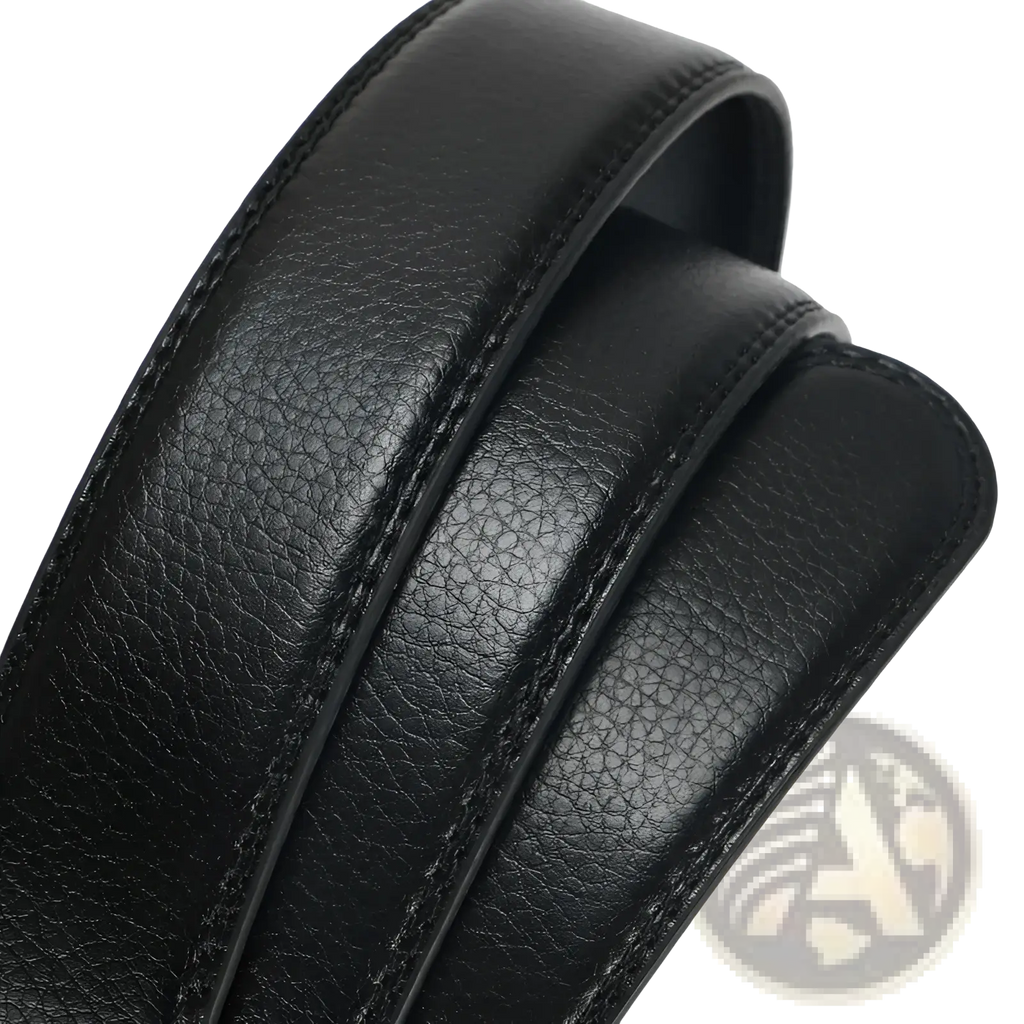 Men’s black leather belt automatic buckle with textured surface and precise stitching along the edges 3.5cm width