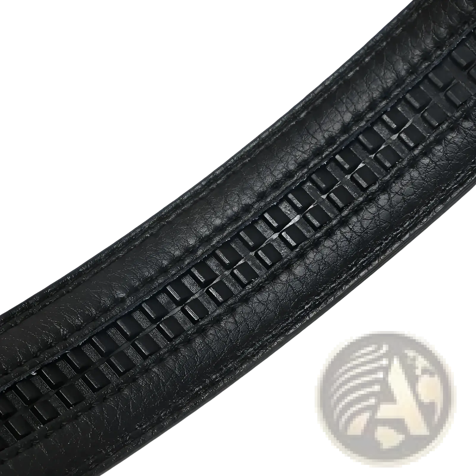 Men’s black leather belt with automatic buckle featuring a textured woven pattern down the center 3.5cm wide