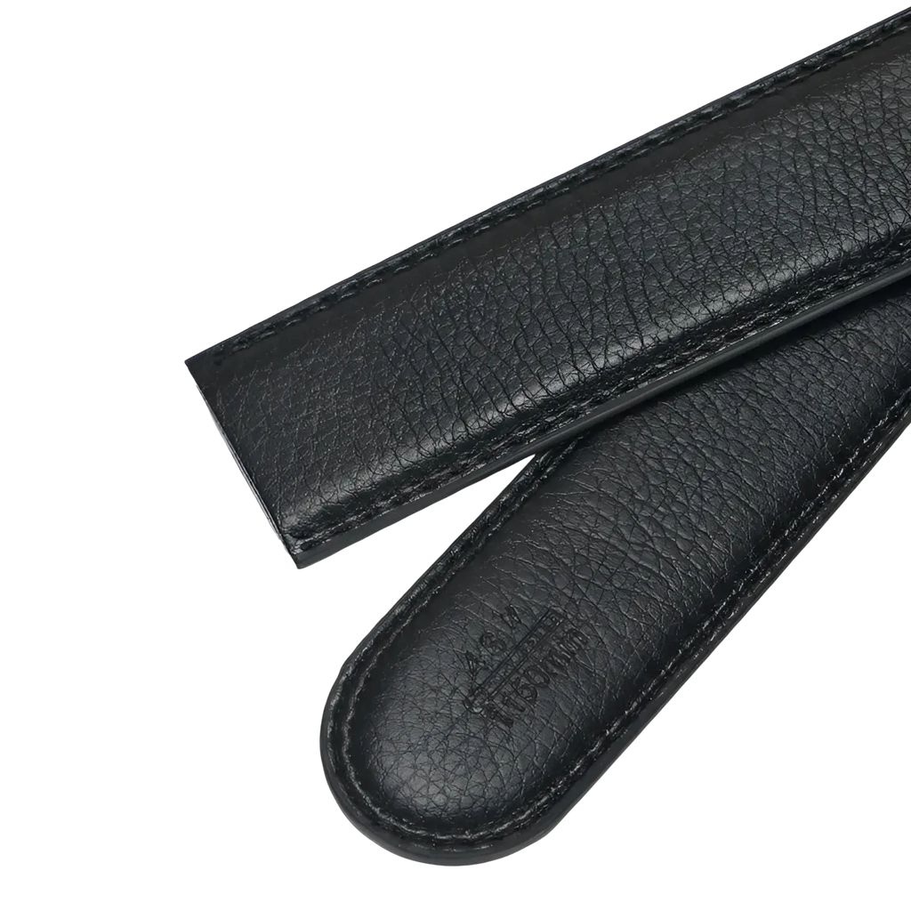 Men’s black leather belt with automatic buckle and textured watch strap design featuring precise stitching