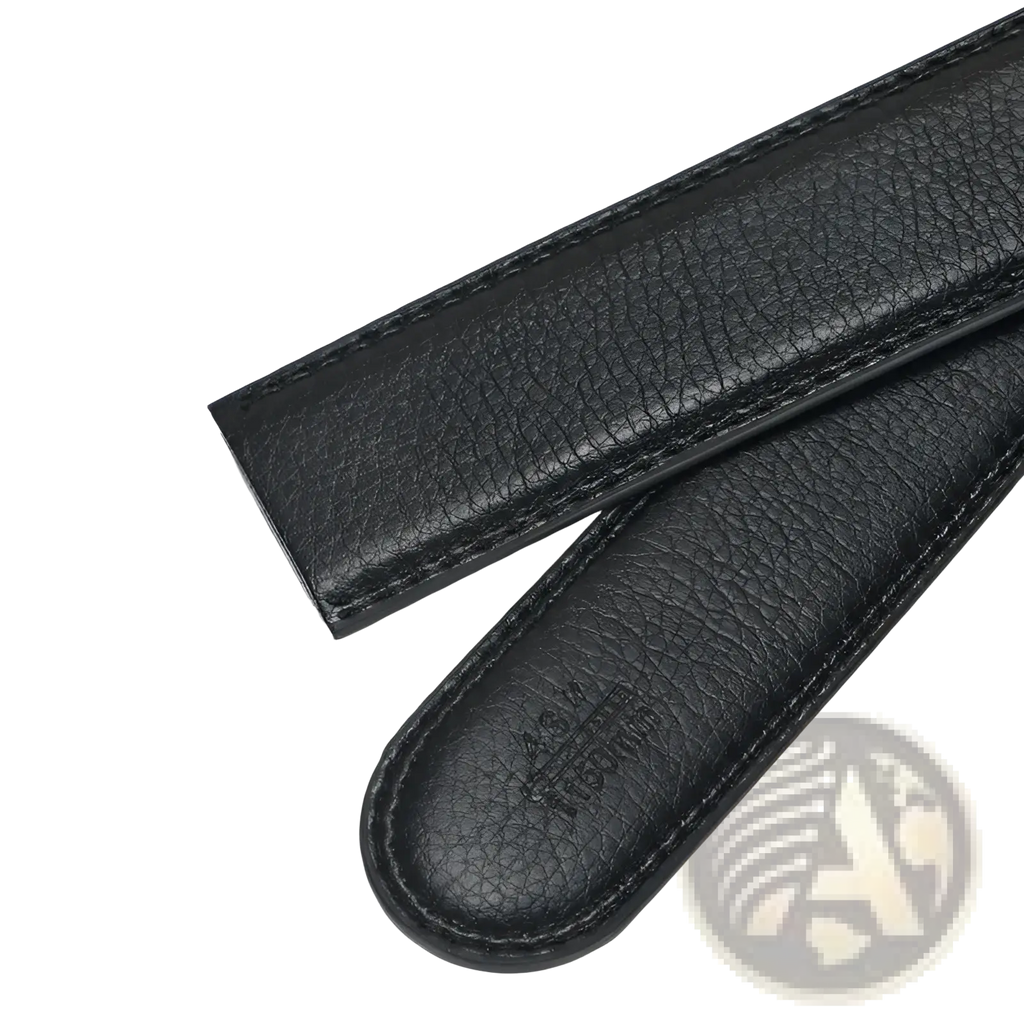 Men’s black leather belt with automatic buckle and textured watch strap design featuring precise stitching