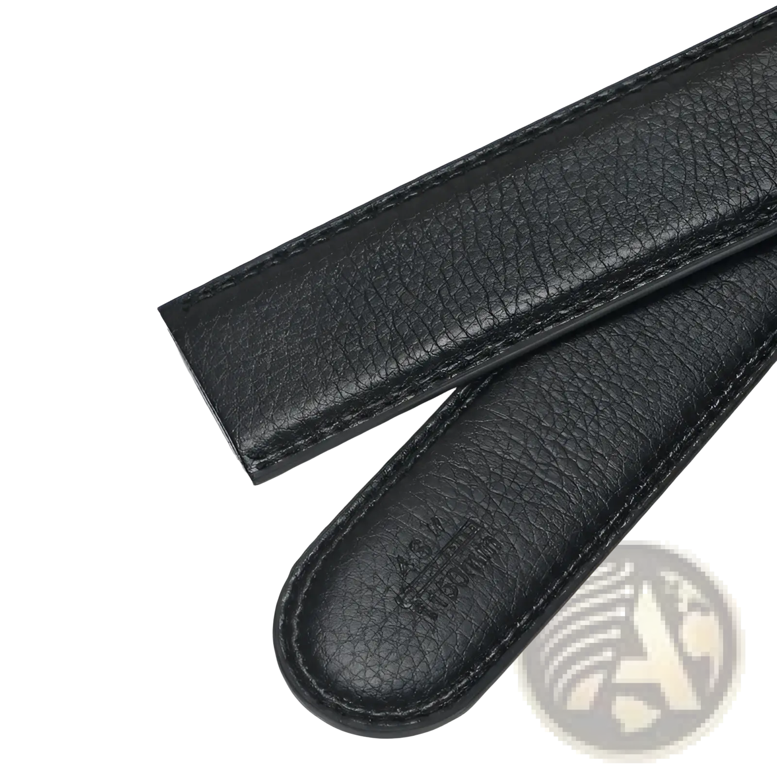 Men’s black leather belt with automatic buckle and textured watch strap design featuring precise stitching