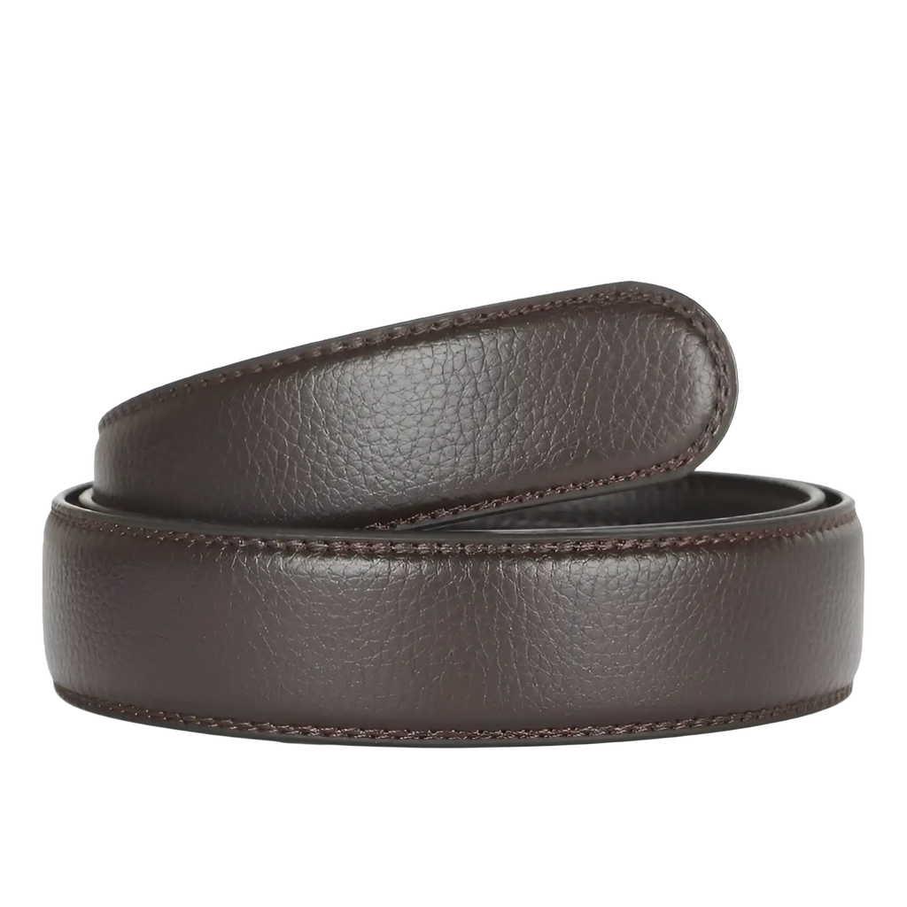 Men’s dark brown leather belt with textured surface and matching stitching featuring an automatic buckle 3.5cm