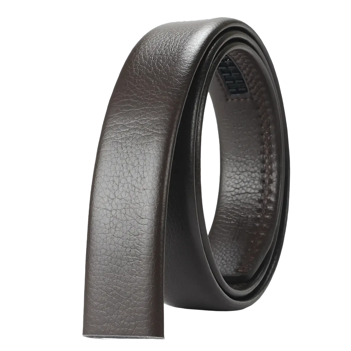 Men’s dark brown leather belt with automatic buckle 3.5cm featuring textured surface and visible inner stitching